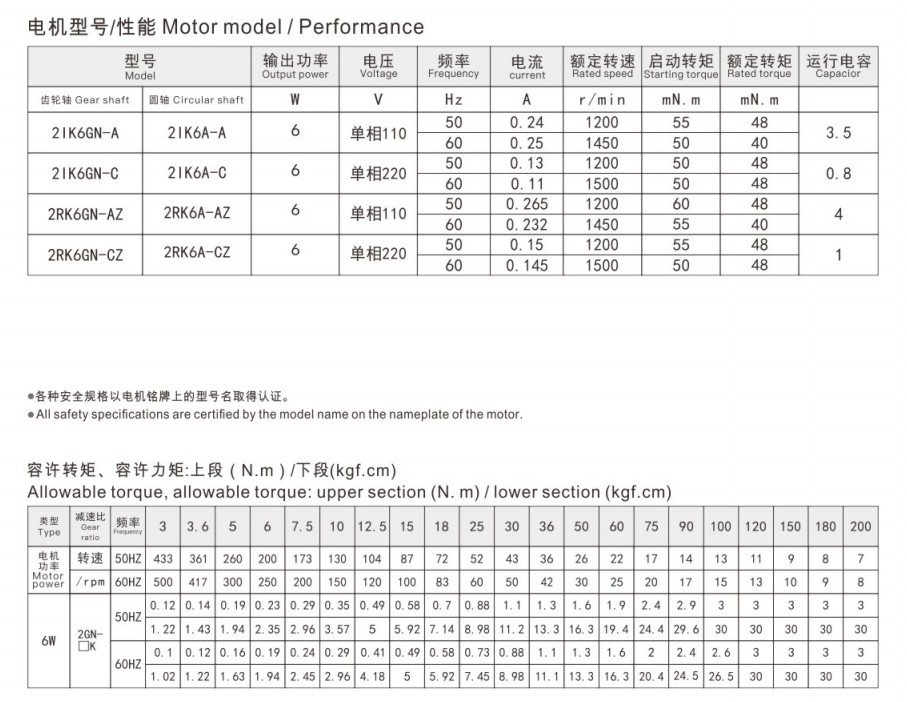 6W调速电机参数